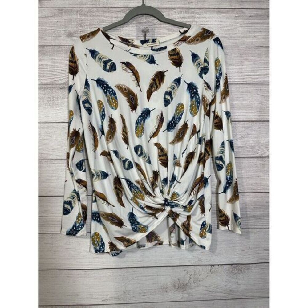 Viamor Womans Long Sleeve Pullover‎ Top Small White Feathers Made in USA Soft